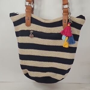 Nautical Knit The Sak Crochet Hobo Bag Striped Zip Top Leather Adjustable Straps